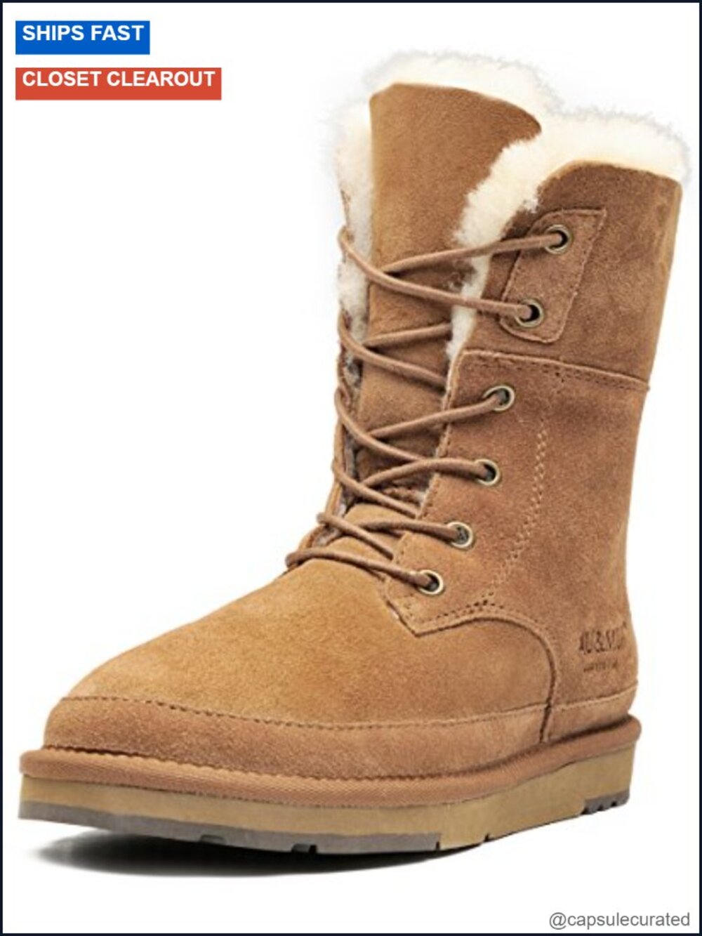 Shearling Leather Lace Up Mid Calf Flat Fur Winter Snow Boots